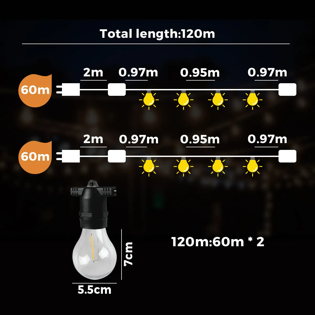 Mazam 120M Festoon String Lights LED Christmas Waterproof Wedding Party Outdoor