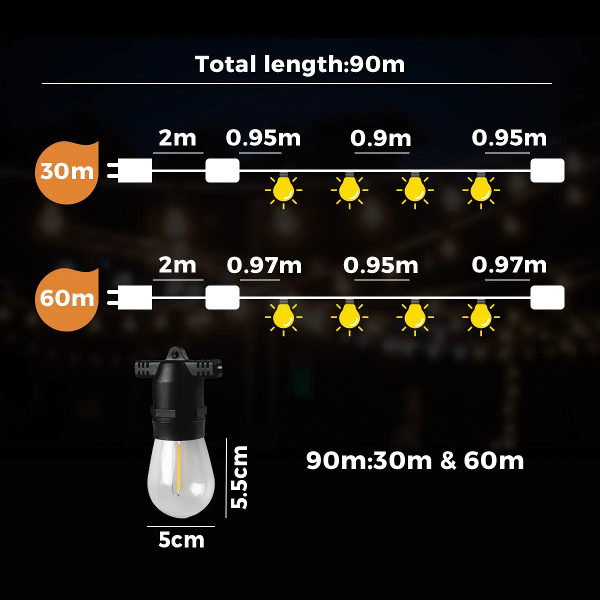 Mazam 90M LED Festoon String Lights Christmas Wedding Party Outdoor Waterproof