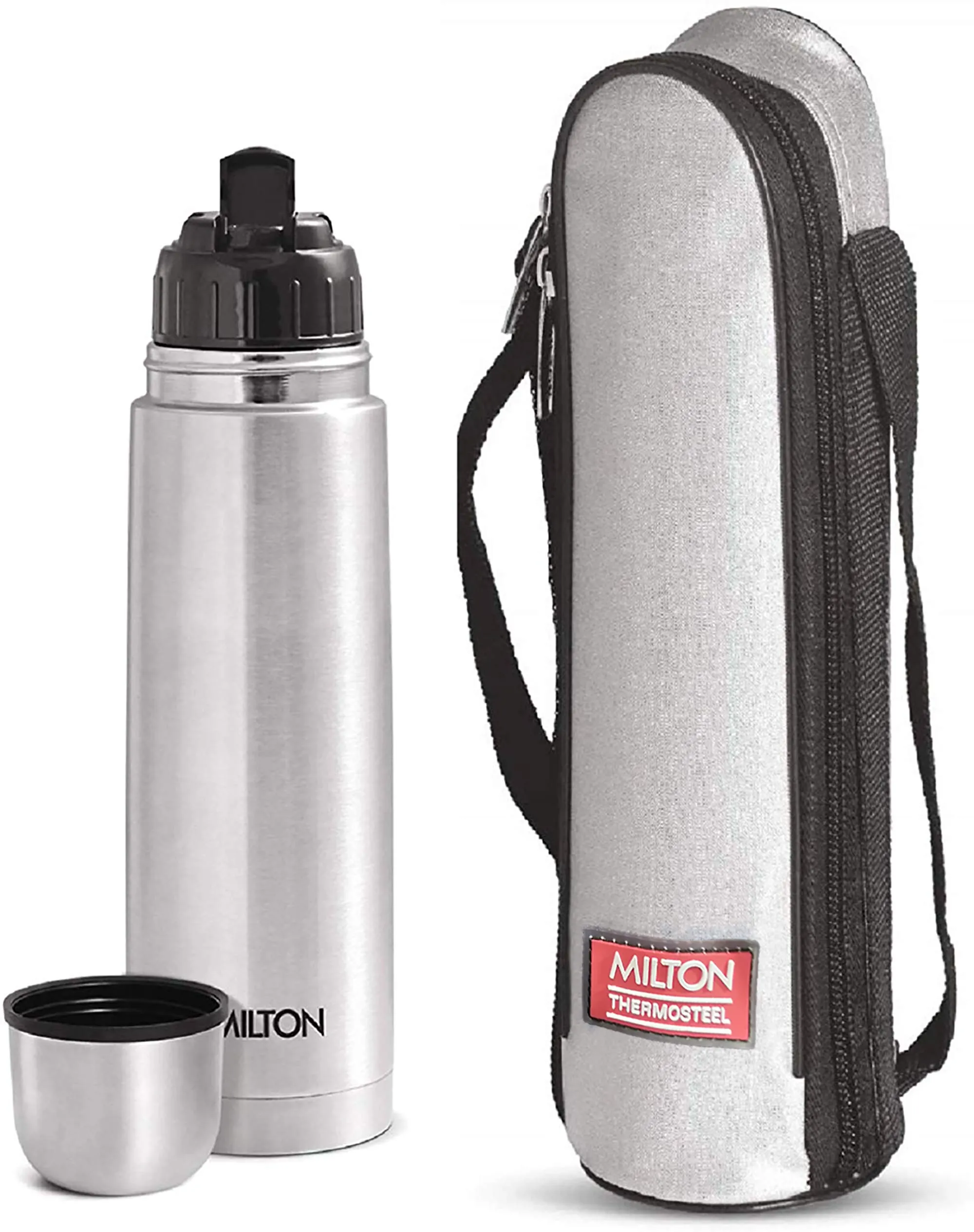 Milton Thermosteel Flip Lid Flask, 500 millilitres, Silver & Thermosteel Carafe Flask, 2 litres, Silver Combo