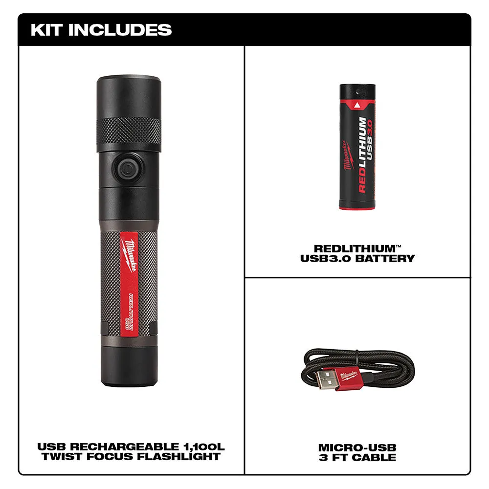 Milwaukee 2161-21 USB RECHARGEABLE 1100L TWIST FOCUS FLASHLIGHT