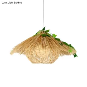 Modern Hanging Lamp with Rattan Shade - Beige House Suspension Pendant, 16"/19.5" Width