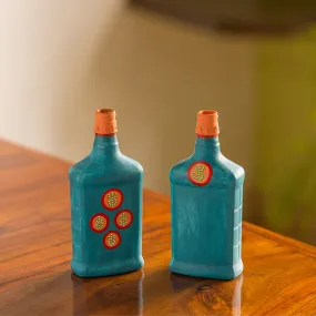 Oasis Flasks' Hand-Painted Money Planter Bottle Vases In Glass (Set of 2 | Turquoise Blue)