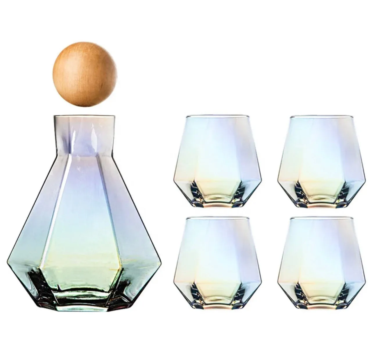 Over the Rainbow 5-Piece Iridescent Glass Decanter Set | 44oz Decanter with Wooden Round Lid | 4- 12oz drinking glasses