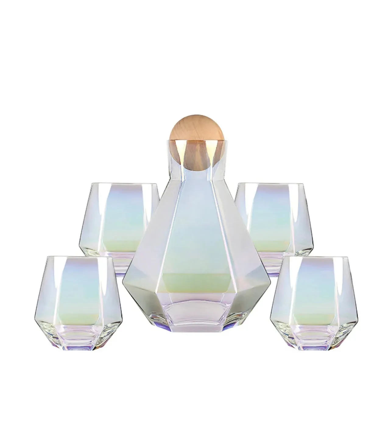 Over the Rainbow 5-Piece Iridescent Glass Decanter Set | 44oz Decanter with Wooden Round Lid | 4- 12oz drinking glasses