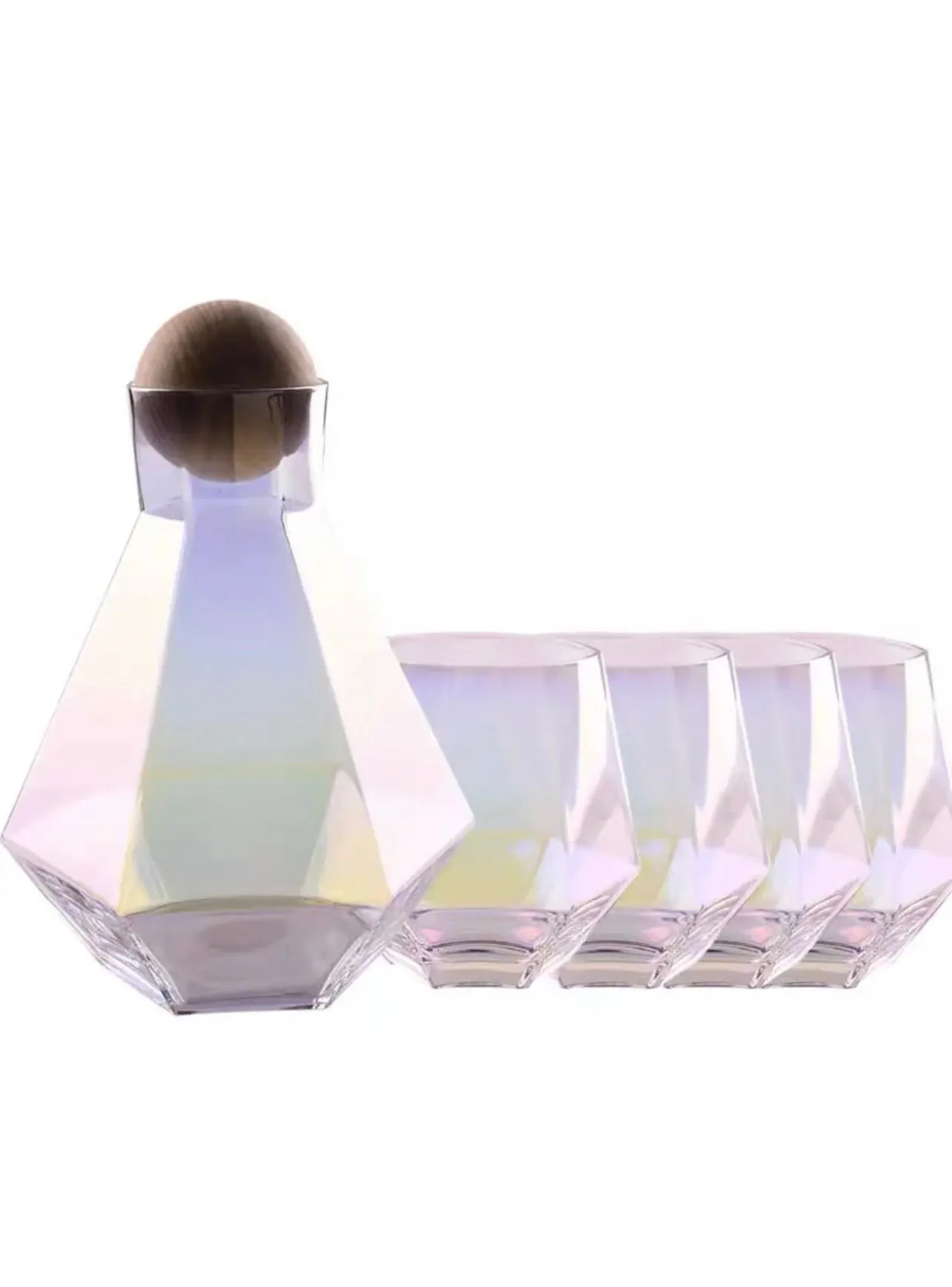 Over the Rainbow 5-Piece Iridescent Glass Decanter Set | 44oz Decanter with Wooden Round Lid | 4- 12oz drinking glasses