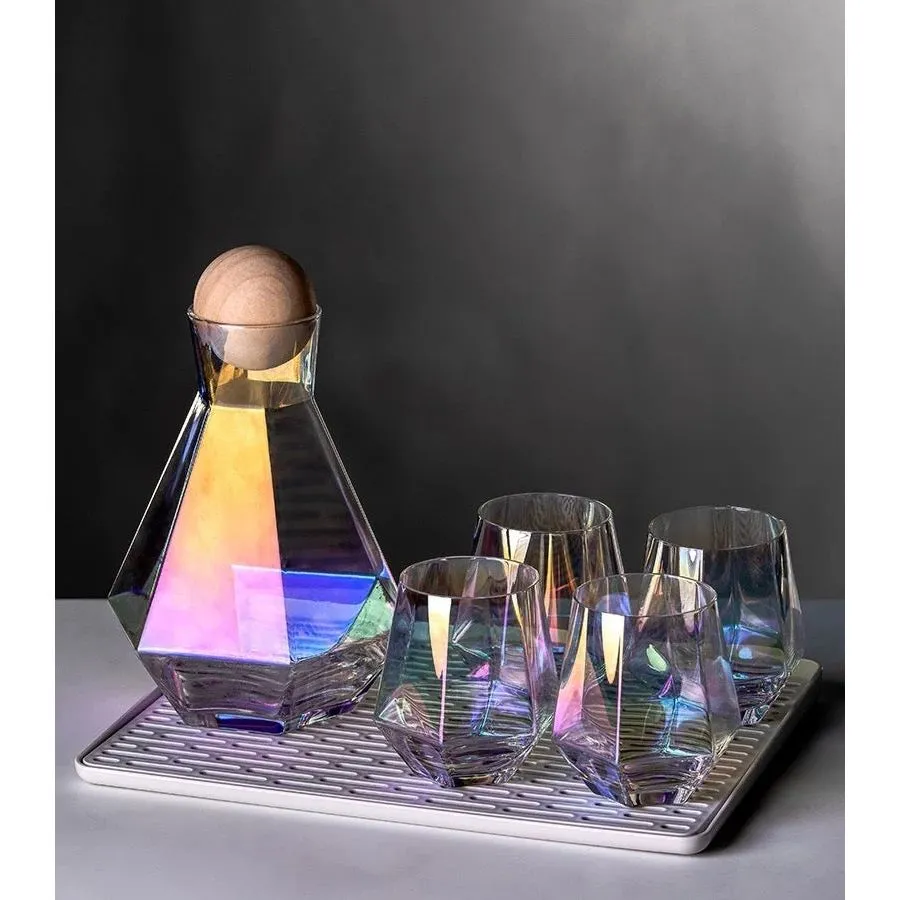 Over the Rainbow 5-Piece Iridescent Glass Decanter Set | 44oz Decanter with Wooden Round Lid | 4- 12oz drinking glasses