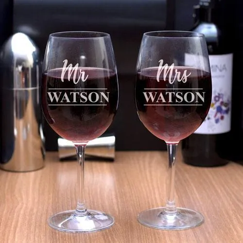 Personalised  Mr & Mrs Set Of 2 Wine Glasses