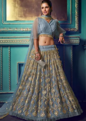 Pewter Grey Designer Soft Net Lehenga Choli with Sequin work and Ruffles Sleeves