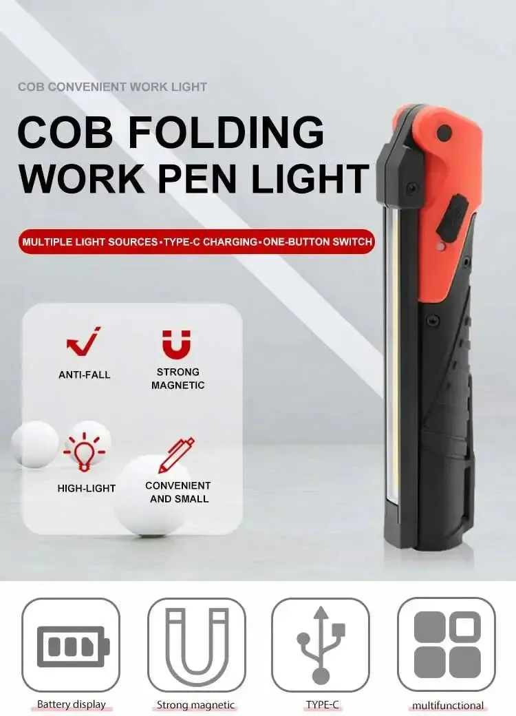 Portable Foldable Pocket Type-C Rechargeable Magnetic Flashlight With Dual COB LED