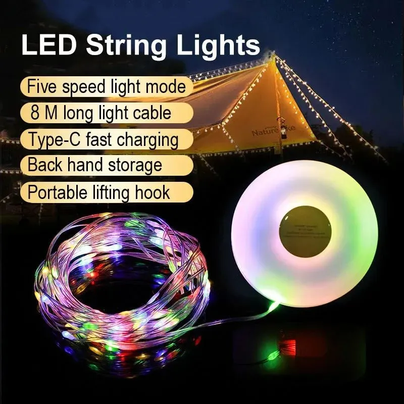 Portable LED Light String for Camping - 8m Outdoor Atmosphere Tent Lights with 1800mAh Rechargeable Battery