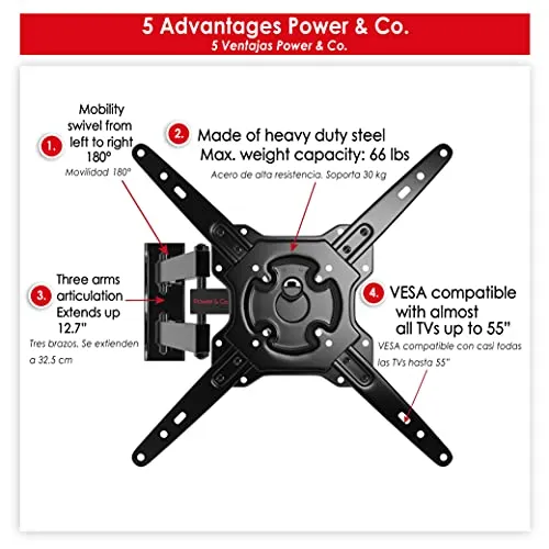 Power & Co. Adjustable TV Stand Full Motion 3 Arm Design 4K TVs