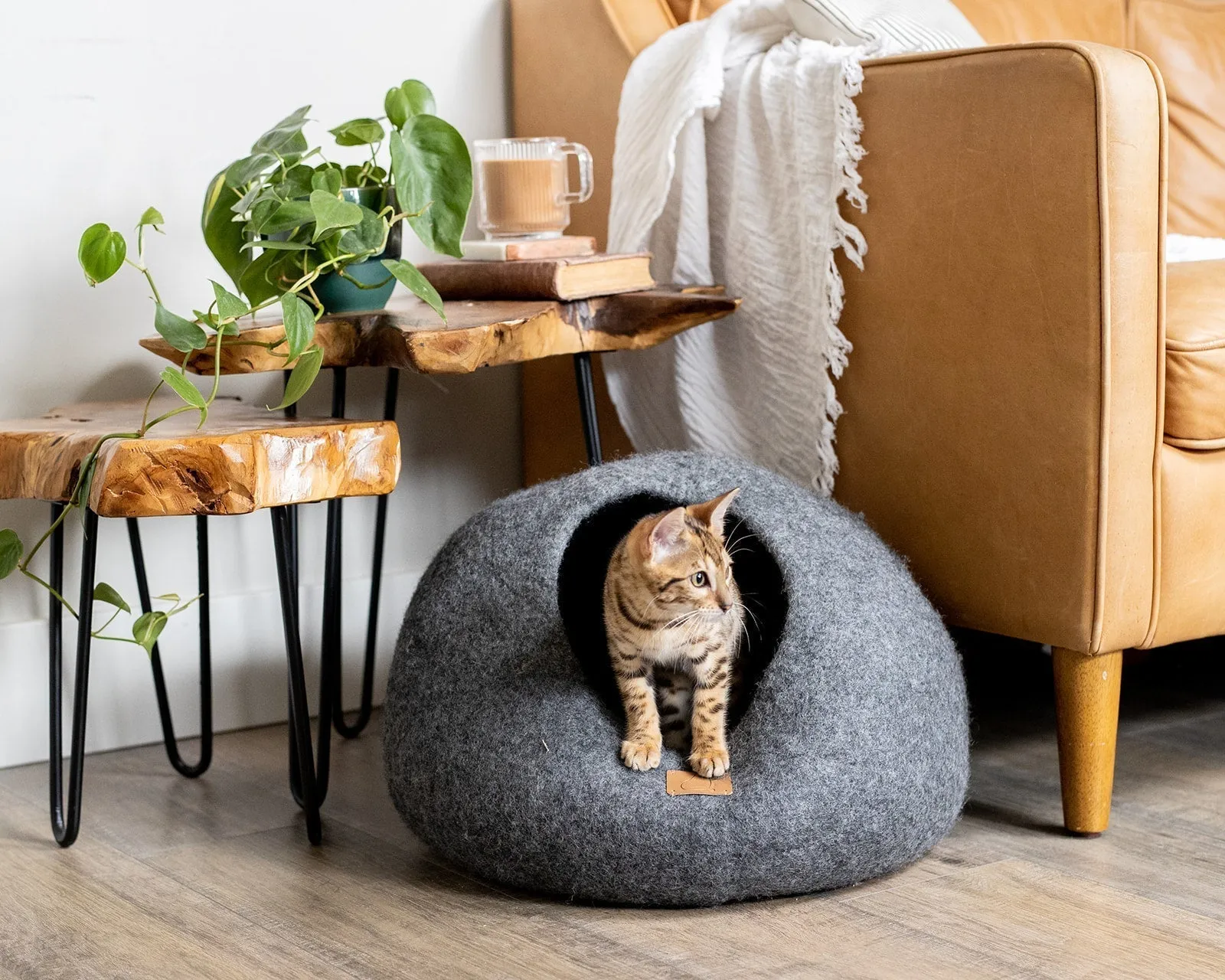 Premium Felted Wool Cat Cave Bed - Stone Gray