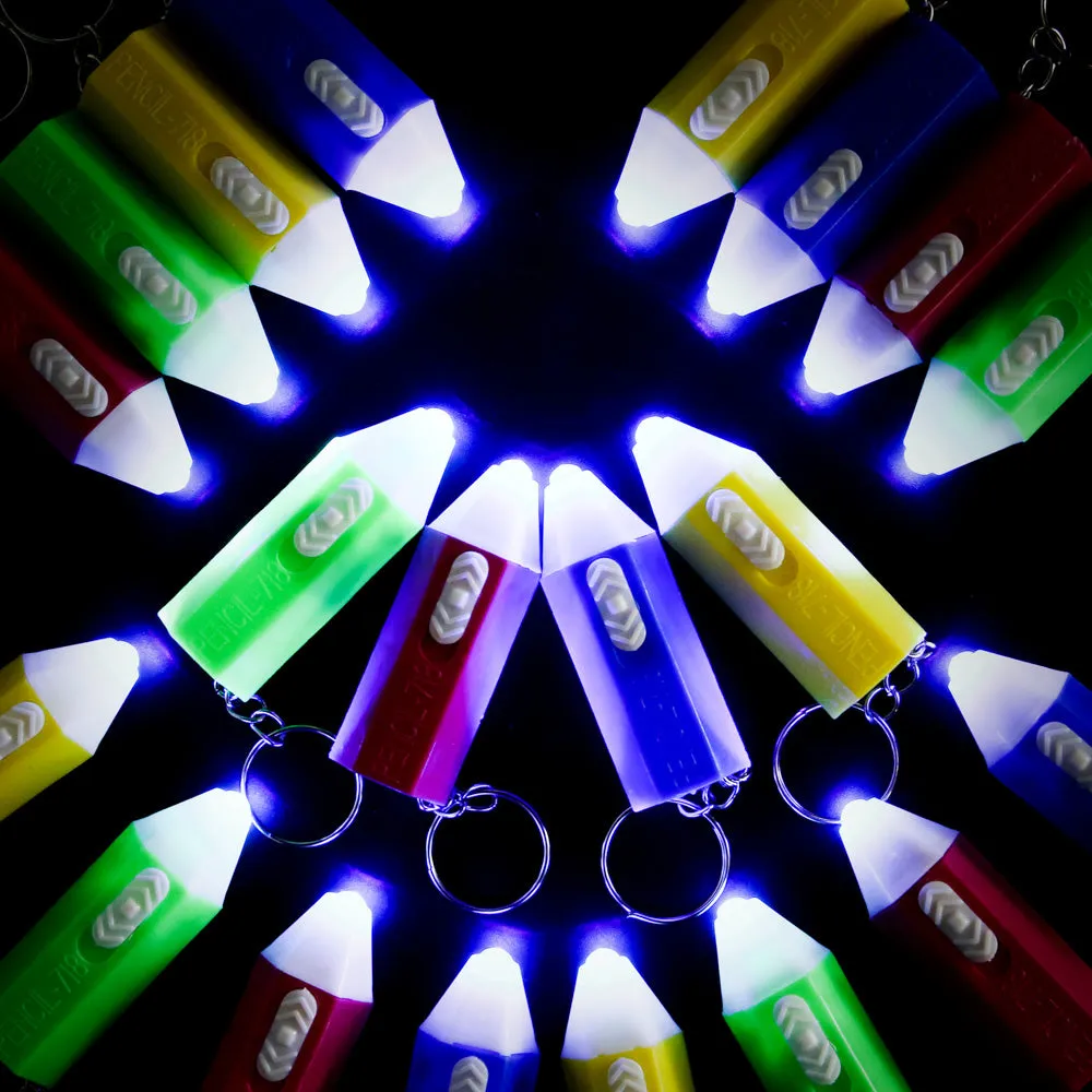 PROLOSO Mini Flashlights Key Chain Ring Light Up Toy Crayon Pencil Shaped Electric Torch Kids Party Favors Bulk Pack of 30