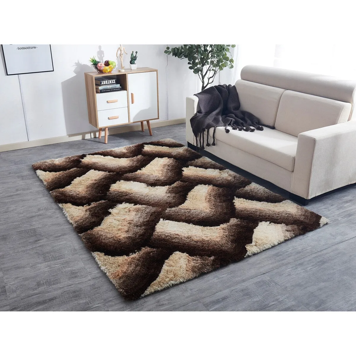 "3D Shaggy" Hand Tufted Shag Area Rug in Waves of Mocha (5-ft x 7-ft)