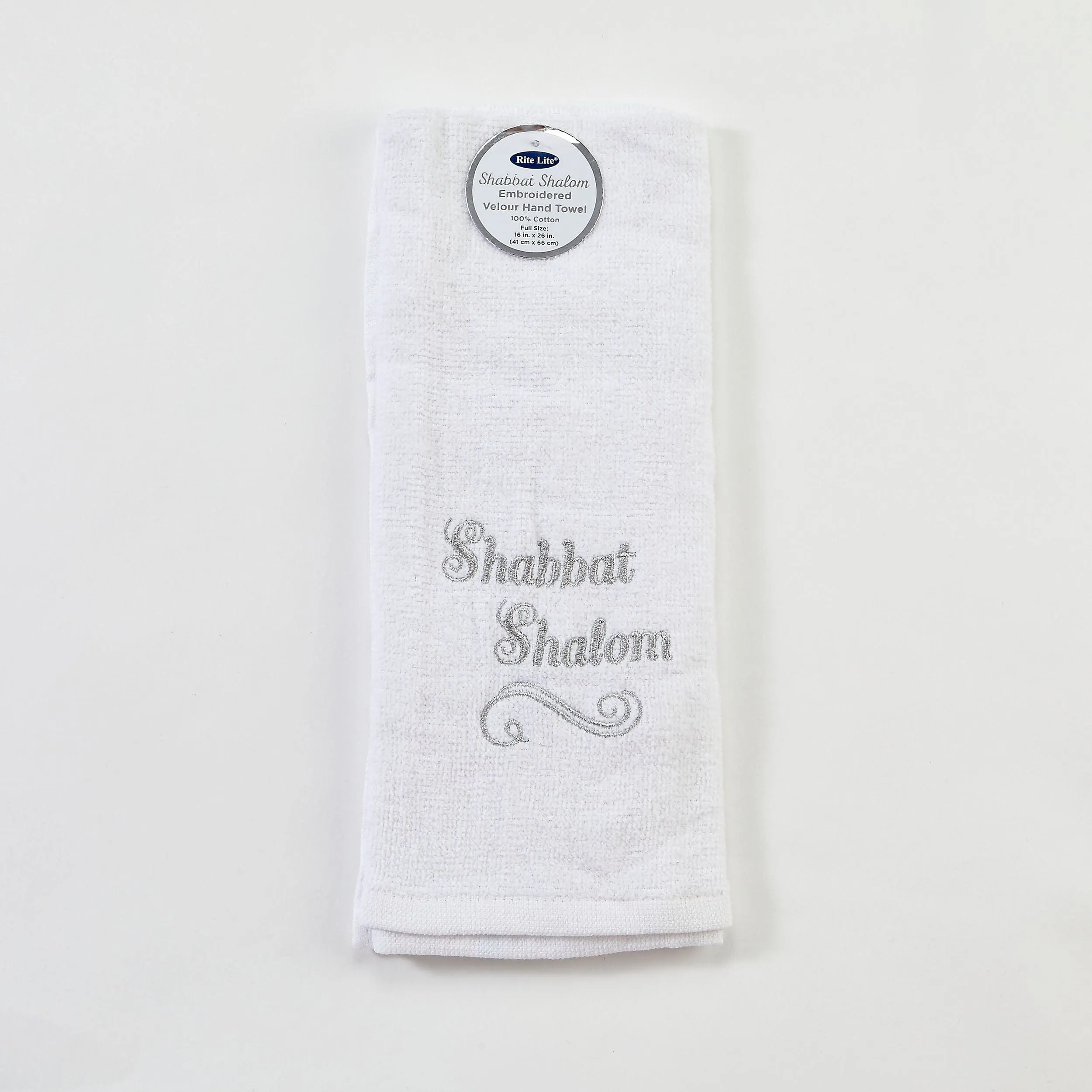 "shabbat Shalom" Velour Hand Towel,cotton W/silvr Embr,26x16,tag