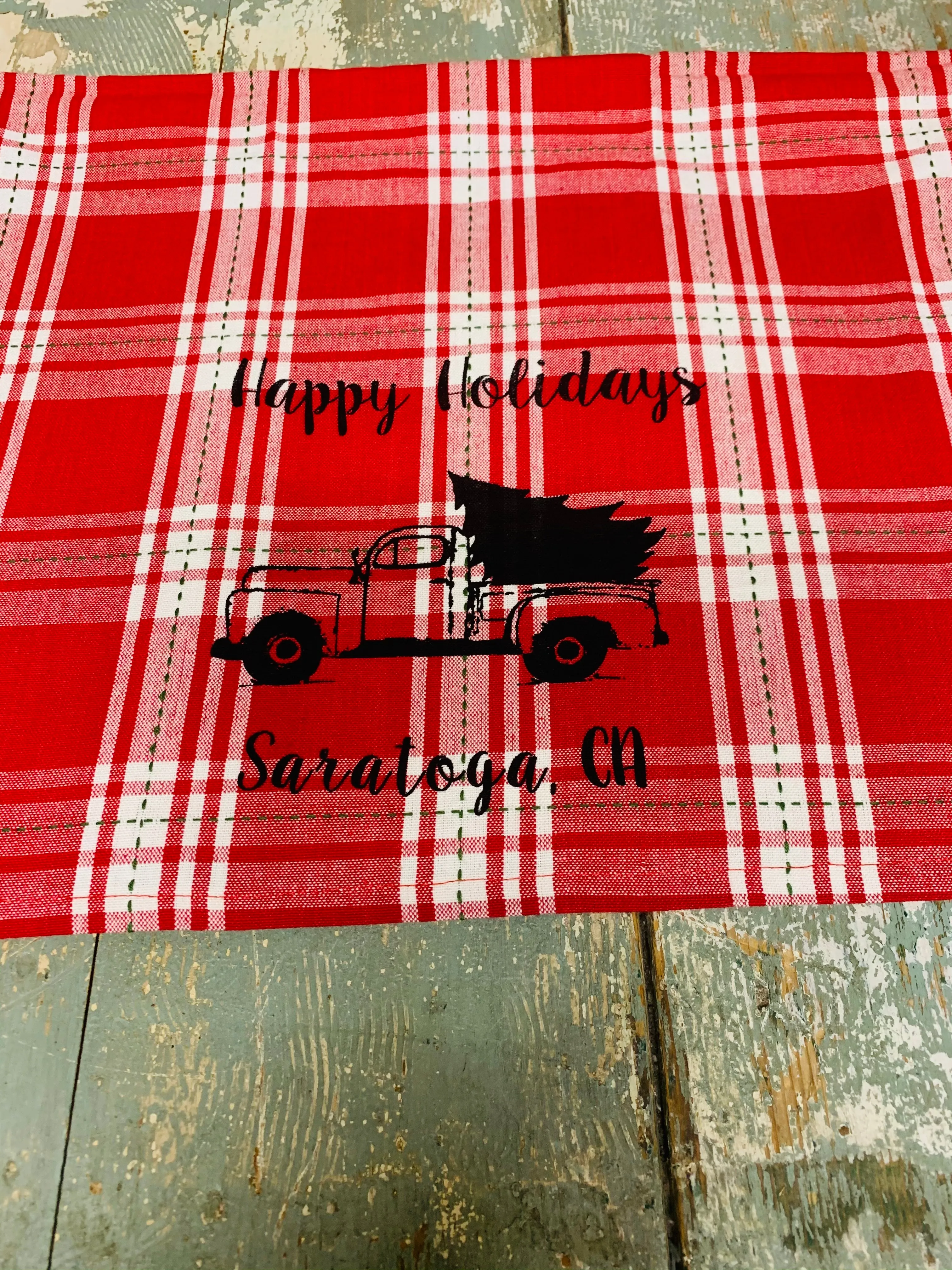 Saratoga  Happy Holidays Tea Towel - Red Plaid