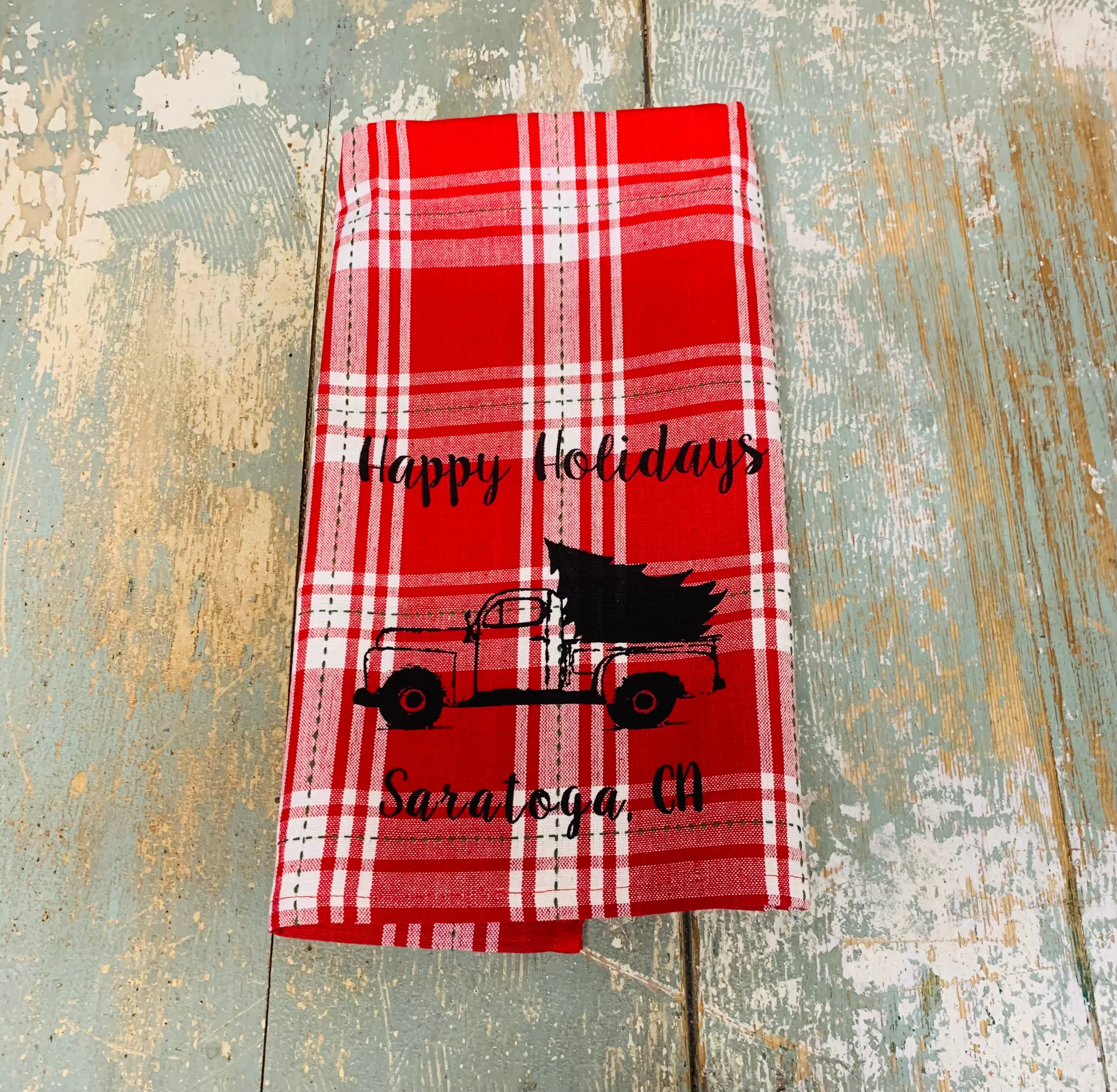 Saratoga  Happy Holidays Tea Towel - Red Plaid