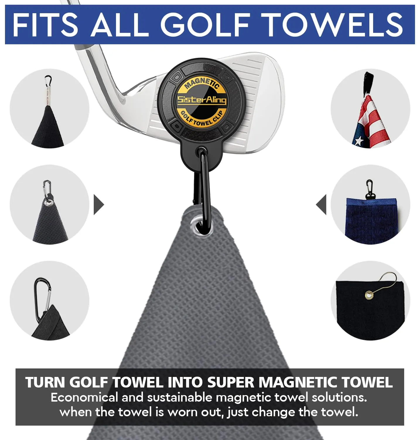 SisterAling Magnetic Clip for Golf Towel,Removable Industrial Magnetic Accessories Design for Strong Hold to Golf Carts or Clubs (Black, 1)