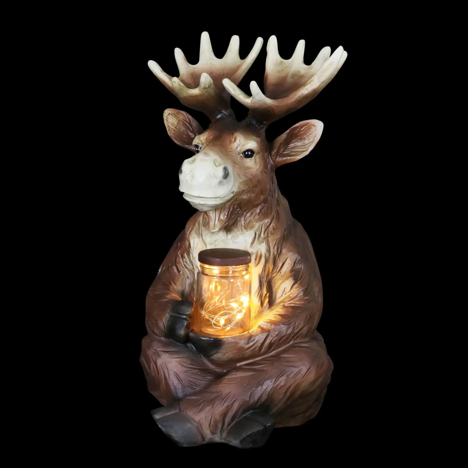 Solar Moose Garden Statue Holding a Glass Jar with Eight LED Firefly String Lights, 8.5 by 12.5 Inches