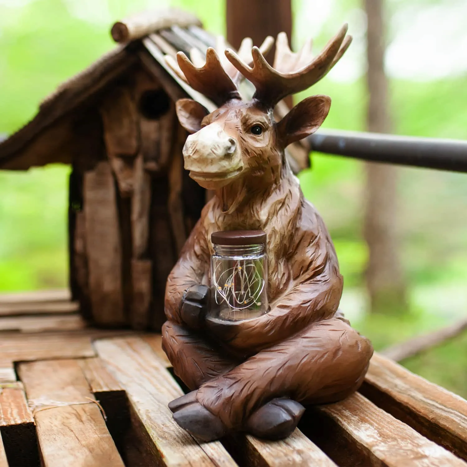 Solar Moose Garden Statue Holding a Glass Jar with Eight LED Firefly String Lights, 8.5 by 12.5 Inches