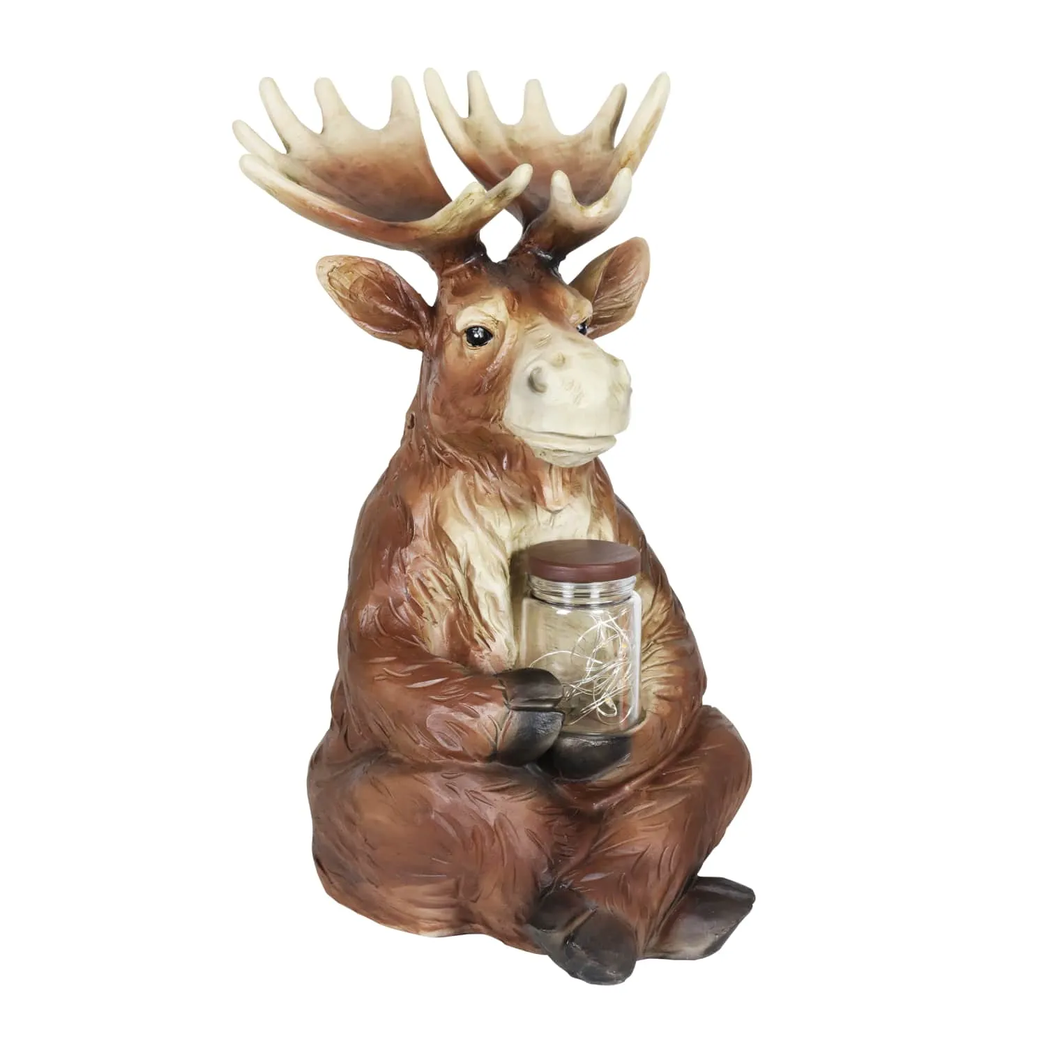 Solar Moose Garden Statue Holding a Glass Jar with Eight LED Firefly String Lights, 8.5 by 12.5 Inches