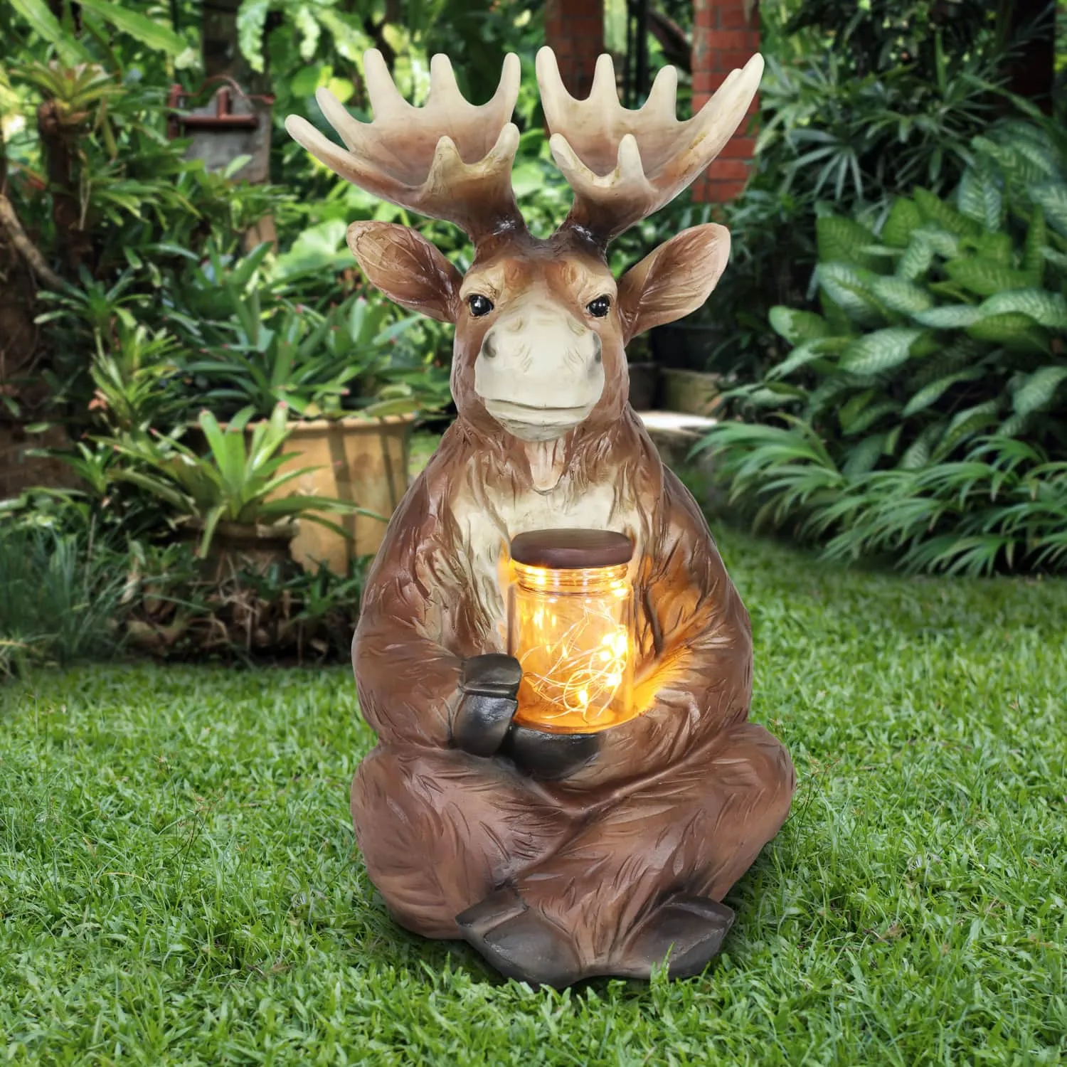 Solar Moose Garden Statue Holding a Glass Jar with Eight LED Firefly String Lights, 8.5 by 12.5 Inches