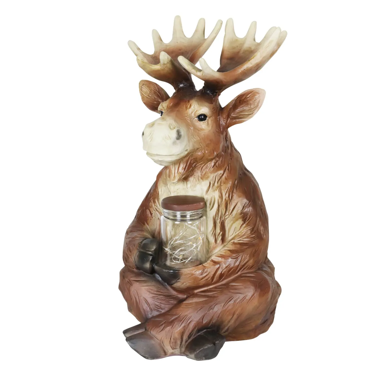 Solar Moose Garden Statue Holding a Glass Jar with Eight LED Firefly String Lights, 8.5 by 12.5 Inches