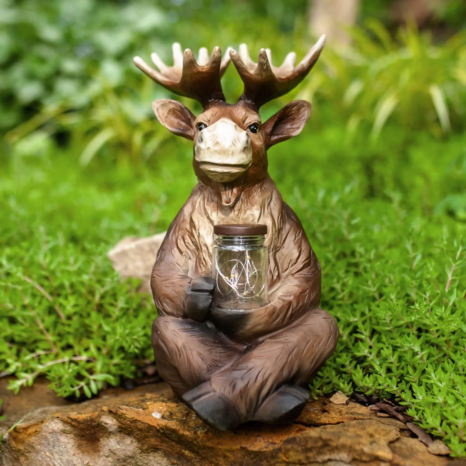 Solar Moose Garden Statue Holding a Glass Jar with Eight LED Firefly String Lights, 8.5 by 12.5 Inches