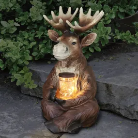 Solar Moose Garden Statue Holding a Glass Jar with Eight LED Firefly String Lights, 8.5 by 12.5 Inches