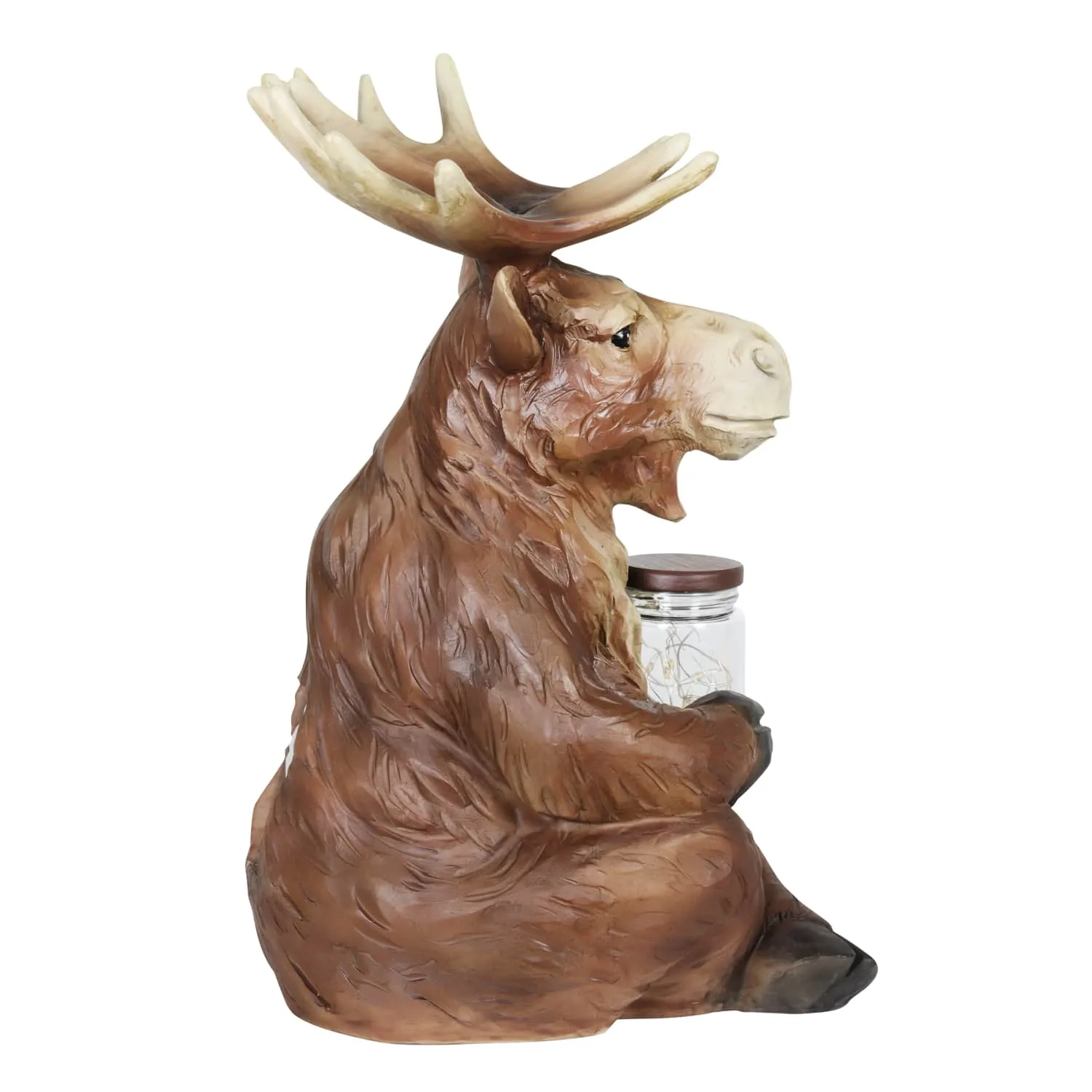 Solar Moose Garden Statue Holding a Glass Jar with Eight LED Firefly String Lights, 8.5 by 12.5 Inches