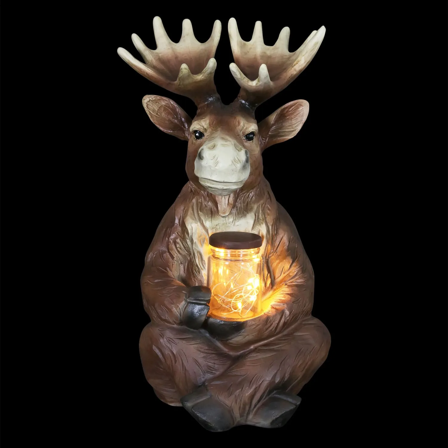 Solar Moose Garden Statue Holding a Glass Jar with Eight LED Firefly String Lights, 8.5 by 12.5 Inches