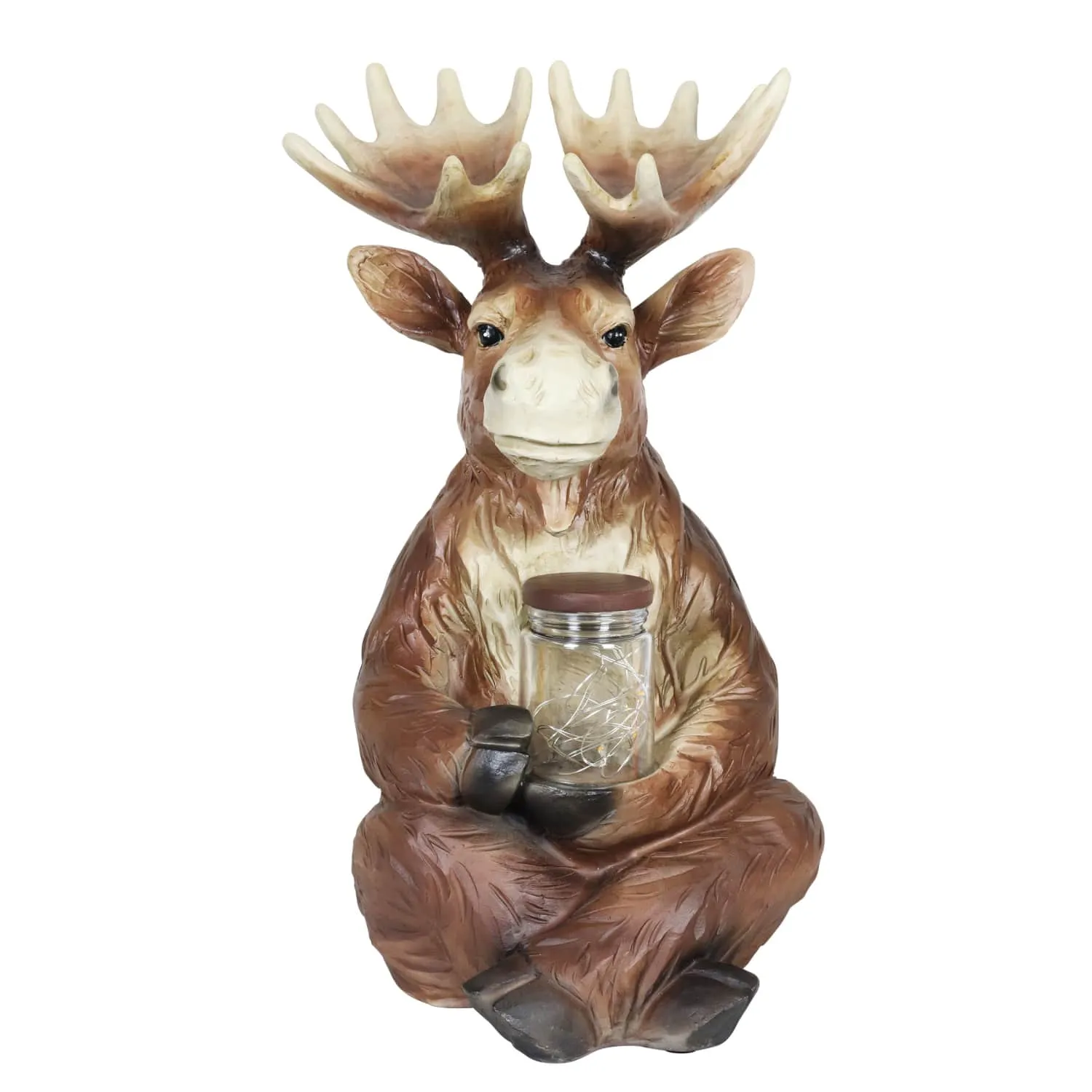 Solar Moose Garden Statue Holding a Glass Jar with Eight LED Firefly String Lights, 8.5 by 12.5 Inches