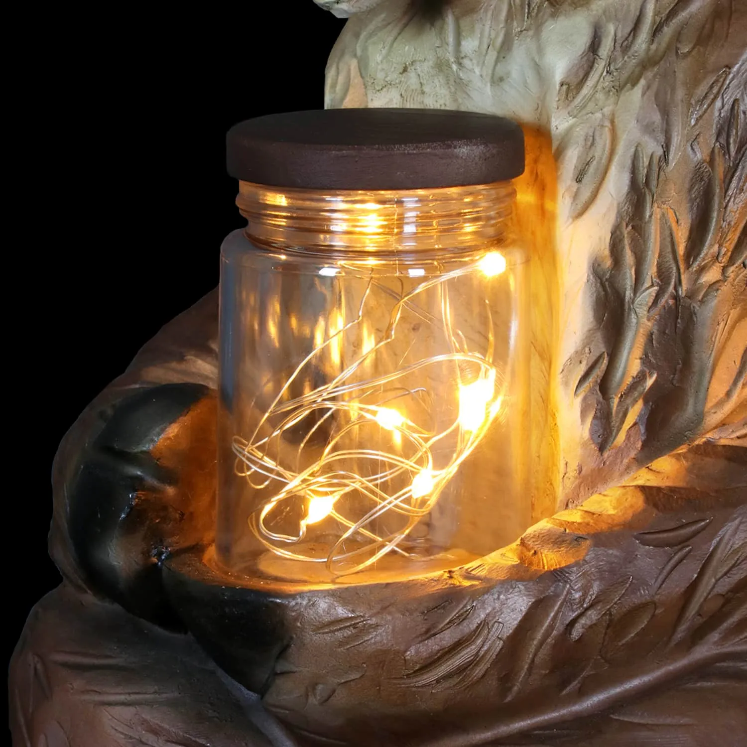 Solar Moose Garden Statue Holding a Glass Jar with Eight LED Firefly String Lights, 8.5 by 12.5 Inches