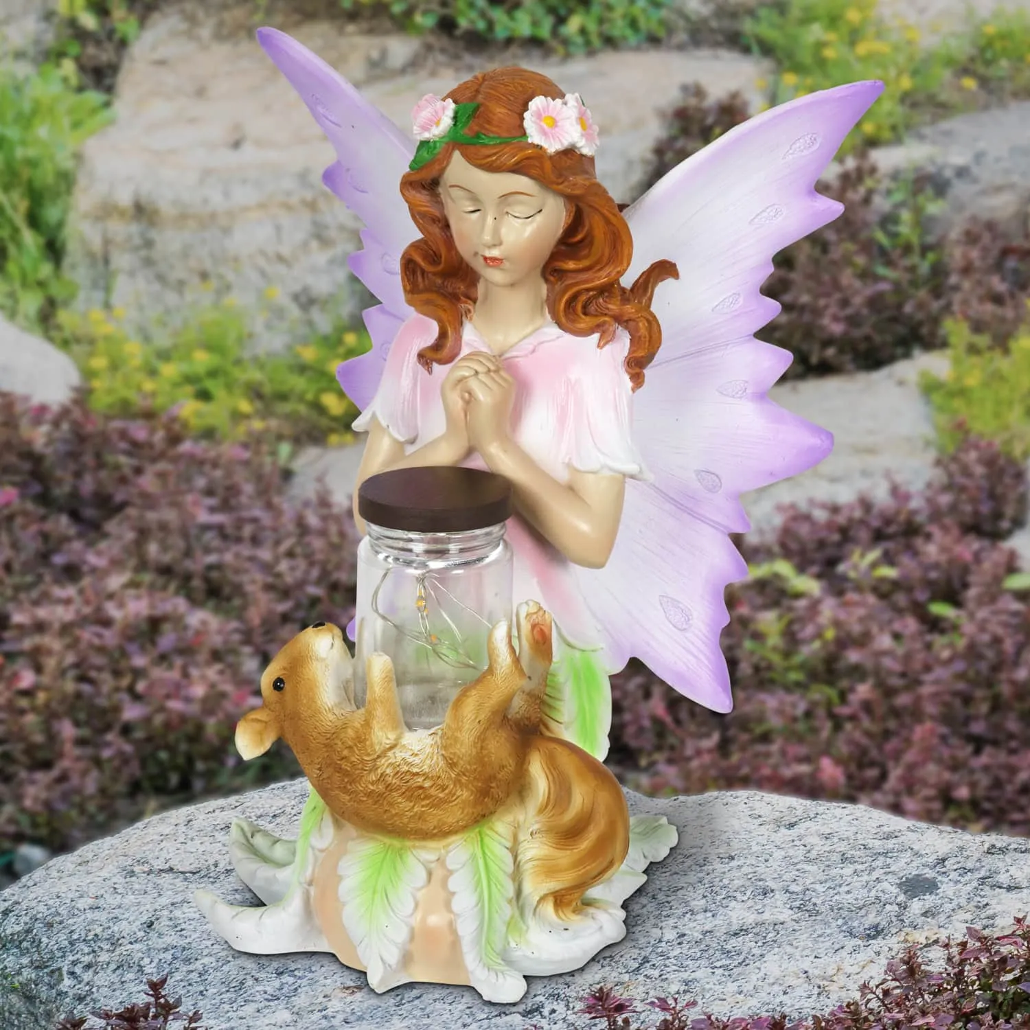 Solar Wishing Fairy with Firefly Jar and Flower, 10 Inch