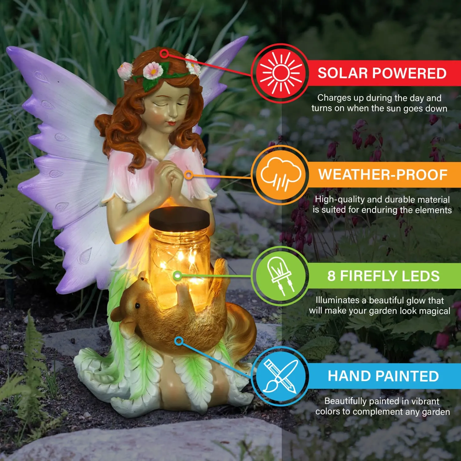 Solar Wishing Fairy with Firefly Jar and Flower, 10 Inch