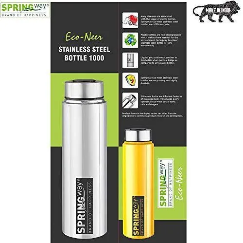 SPRINGWAY - Brand of Happiness Eco-Neer Stainless Steel Water Bottle, 1000ml (Red, Yellow, Green and Steel) - Set of 4