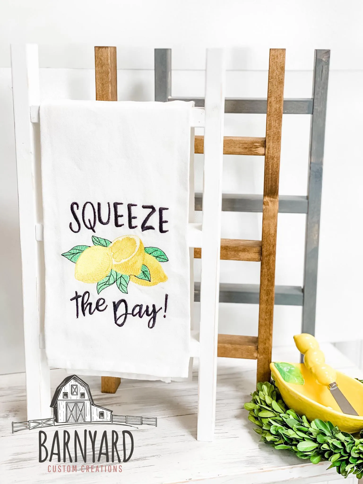 Squeeze The Day embroidered tea towel