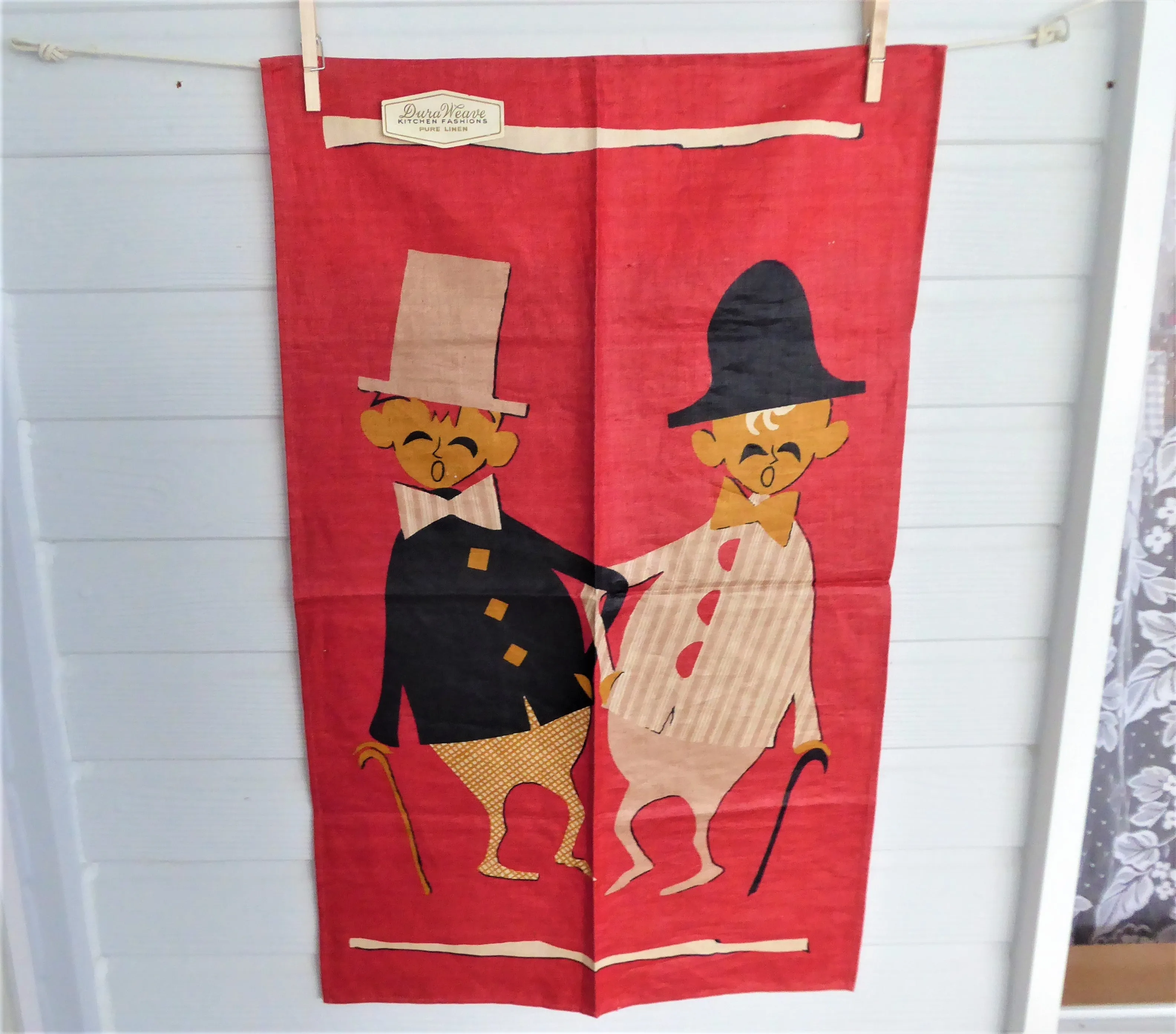 Tea Towel Comic Gents Guys Linen Mid Century Colors 1950s With Sticker