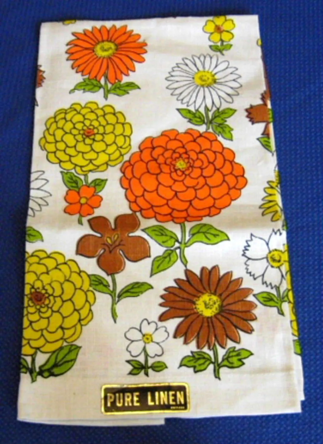 Tea Towel Retro Floral Linen Dish Towel Mid Century Colors Cool 1960s