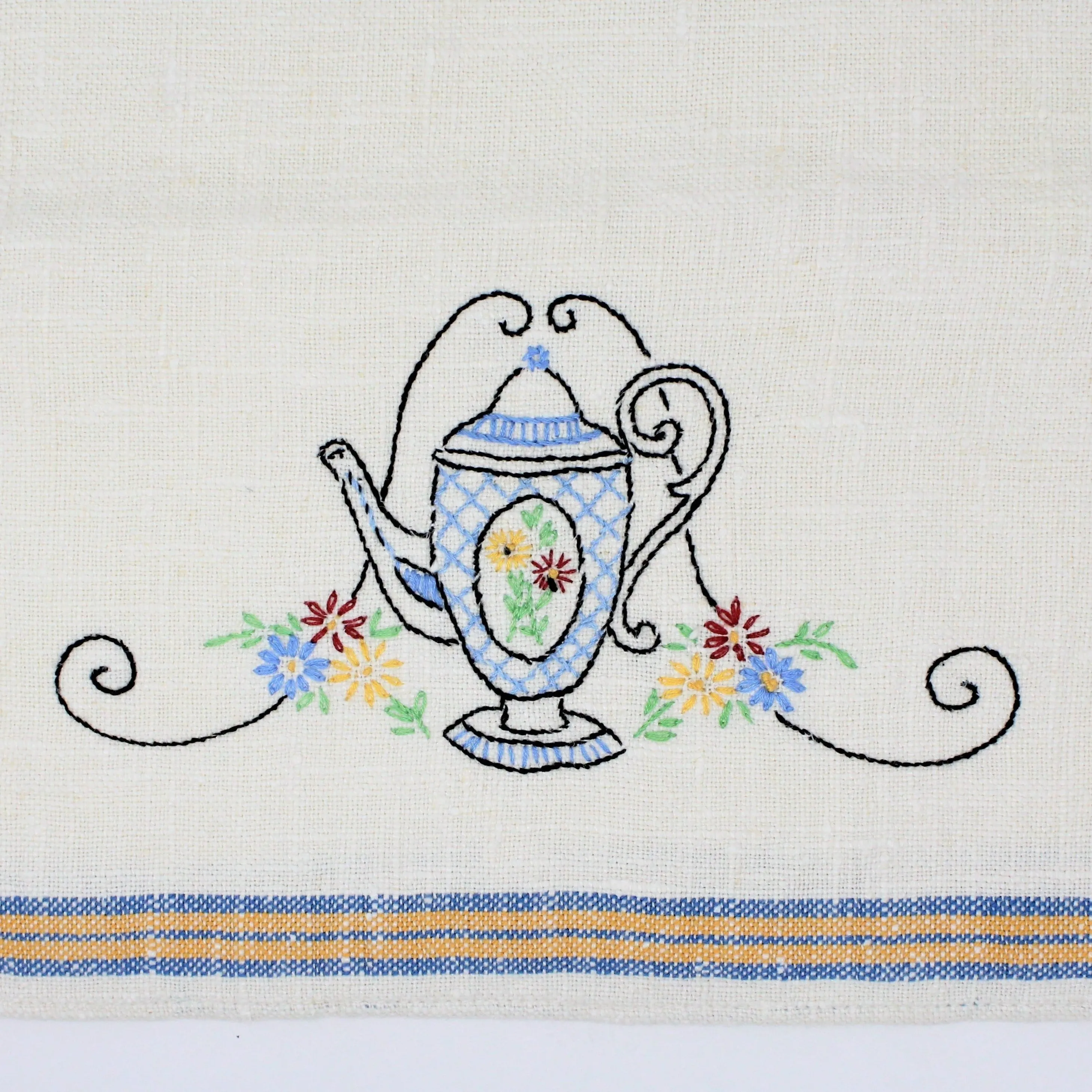 Tea Towels / Fingertip Towels, Embroidered Teapot, Blue and Yellow, Vintage Linen