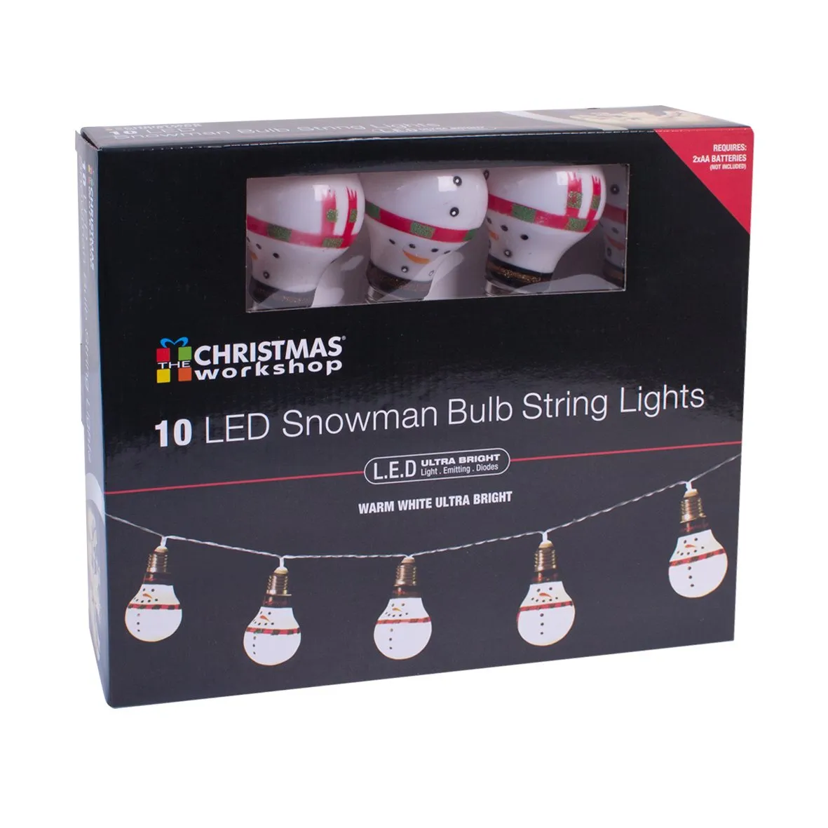 The Christmas Workshop Battery Operated 10 LED Snowman Retro Bulb Shaped String Lights, White