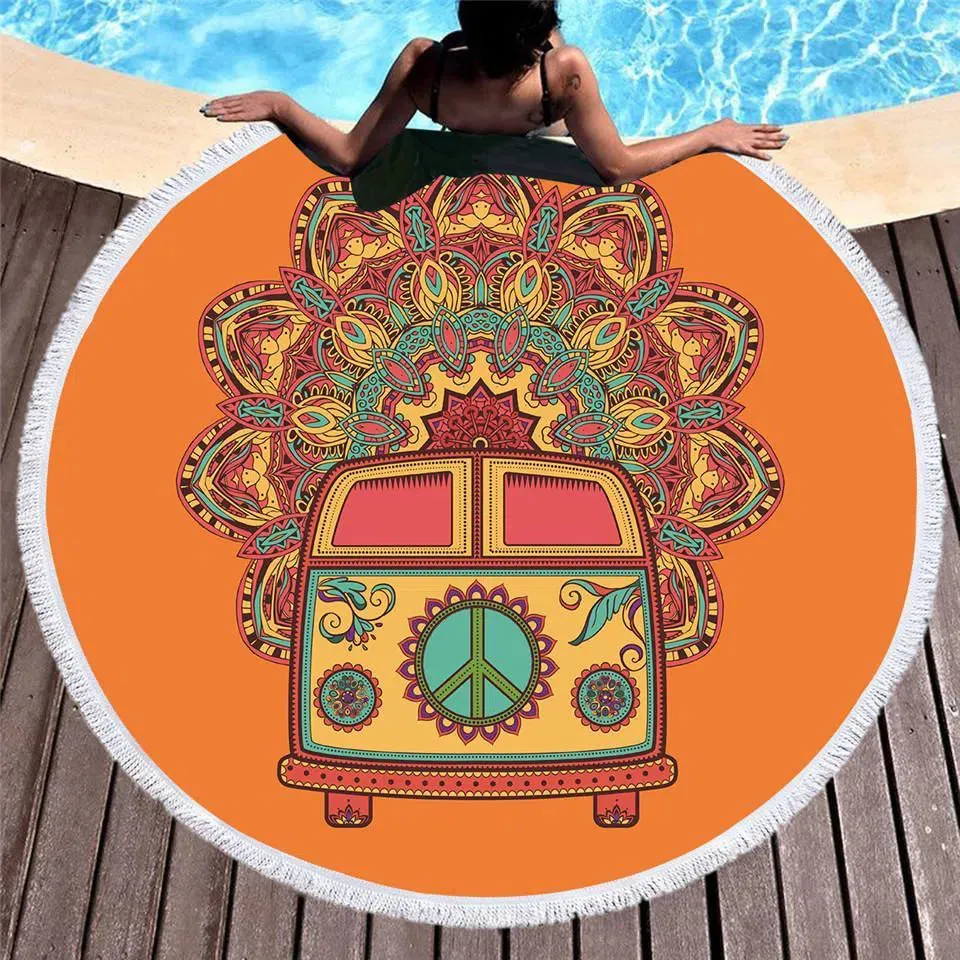 The Happy Bus Round Beach Towel