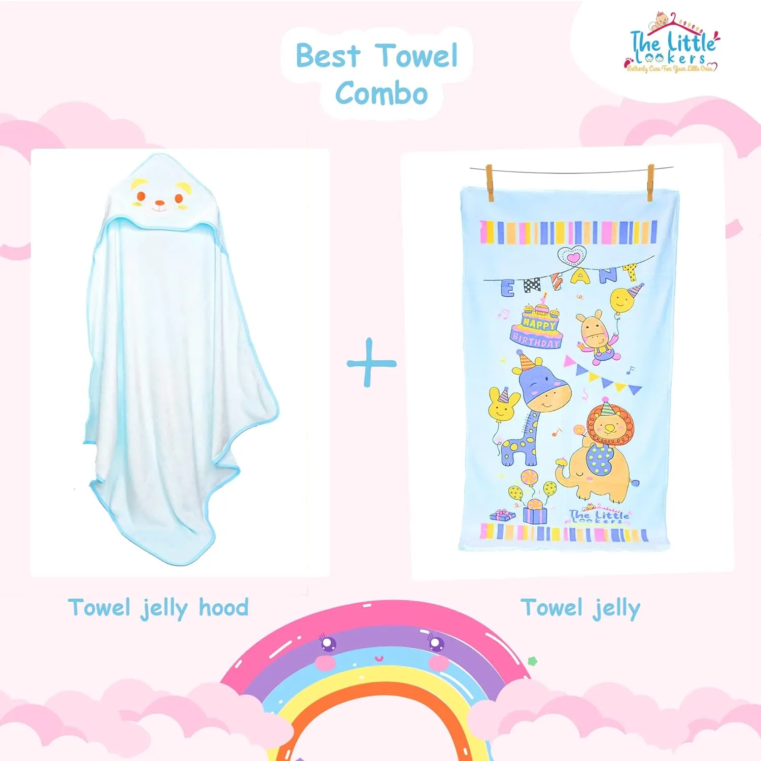 THE LITTLE LOOKERS Super Soft Baby Bath Towel Set | 1 Hooded Towel & 1 Bath Towel | for Infants & Babies - Set of 2