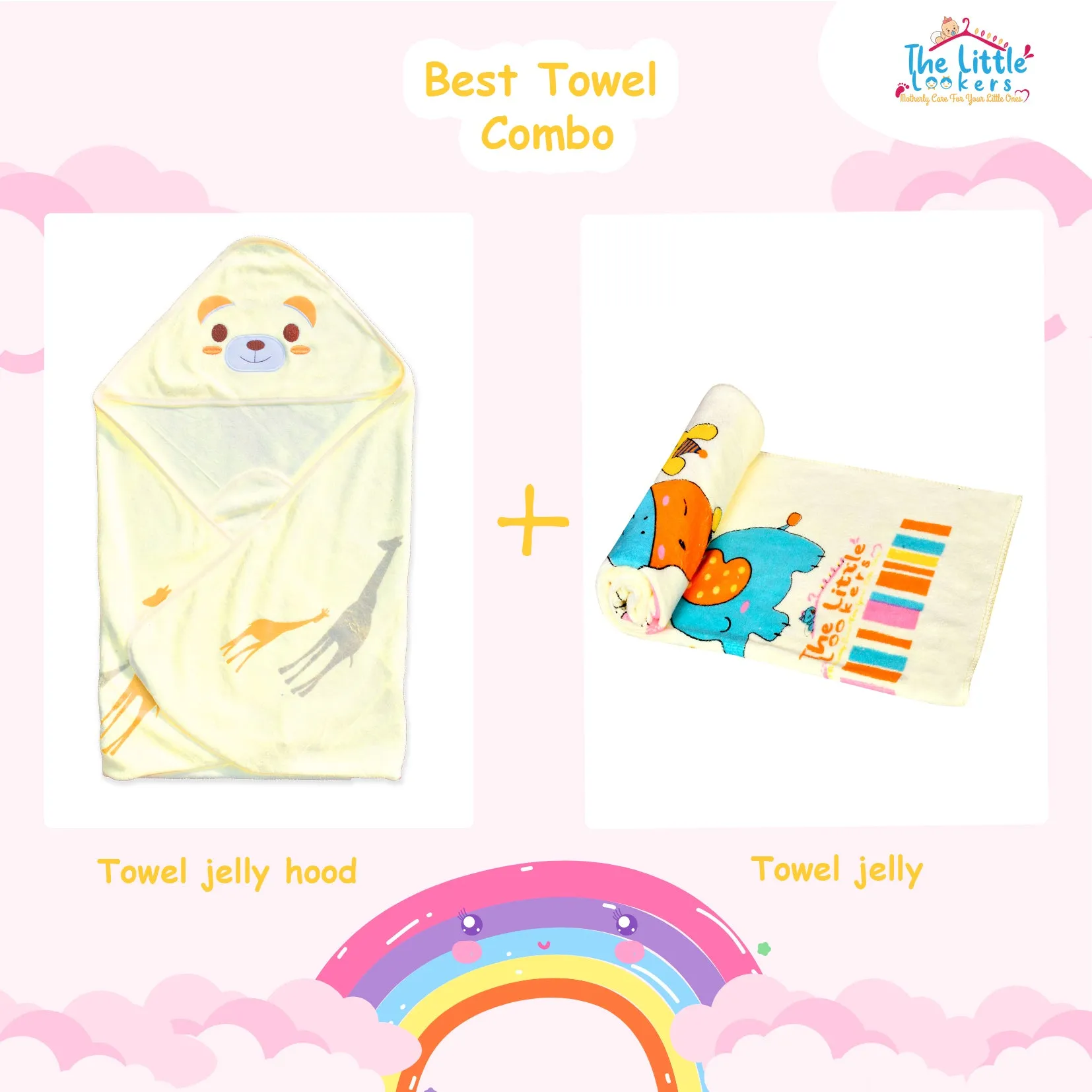 THE LITTLE LOOKERS Super Soft Baby Bath Towel Set | 1 Hooded Towel & 1 Bath Towel | for Infants & Babies - Set of 2