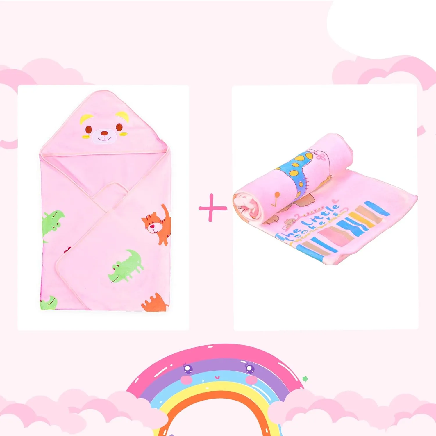 THE LITTLE LOOKERS Super Soft Baby Bath Towel Set | 1 Hooded Towel & 1 Bath Towel | for Infants & Babies - Set of 2