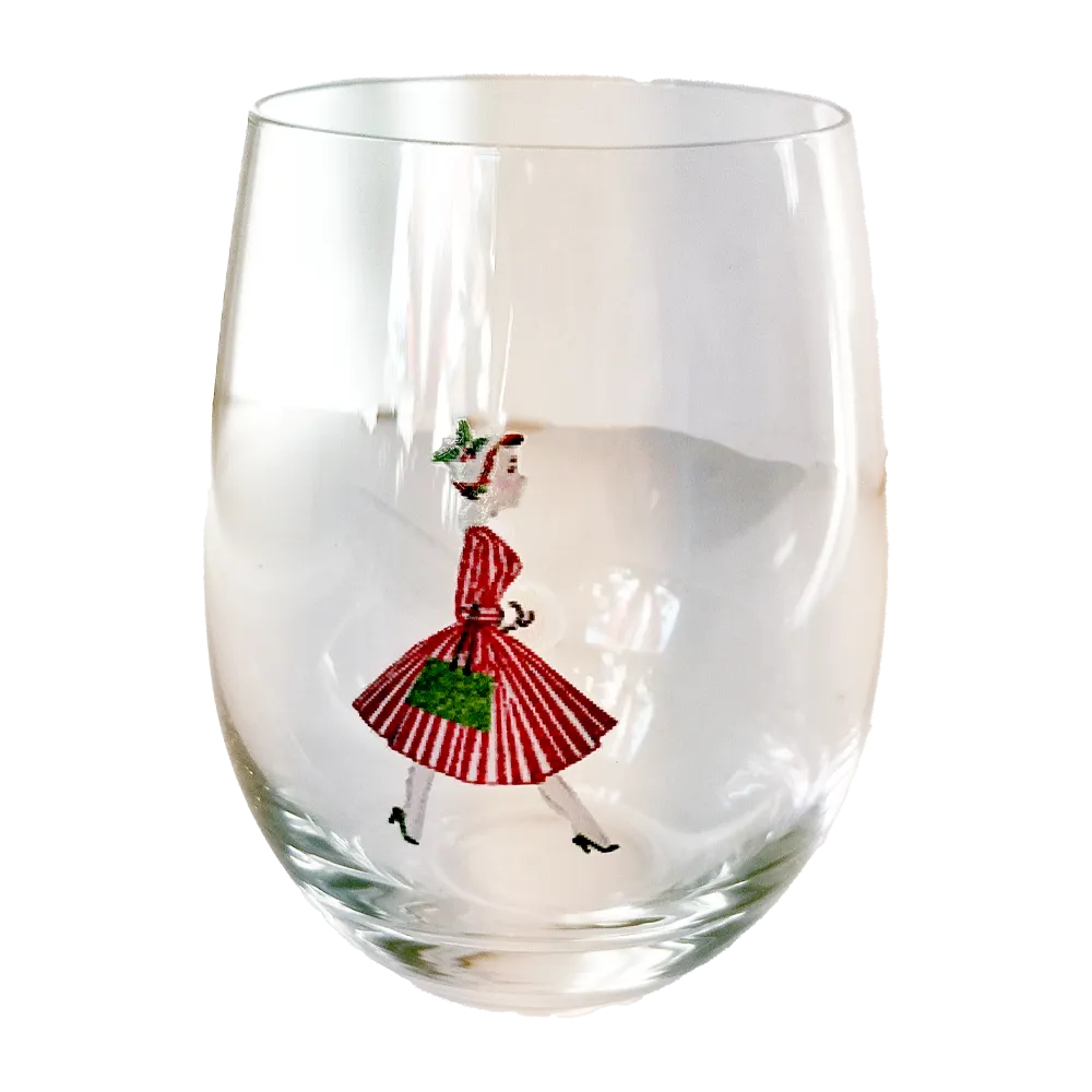 Vintage Christmas Lady Stemless Wine Glass