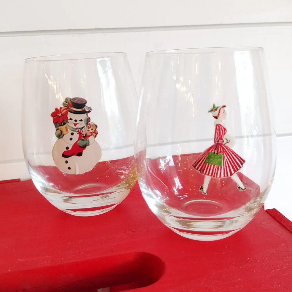 Vintage Christmas Lady Stemless Wine Glass