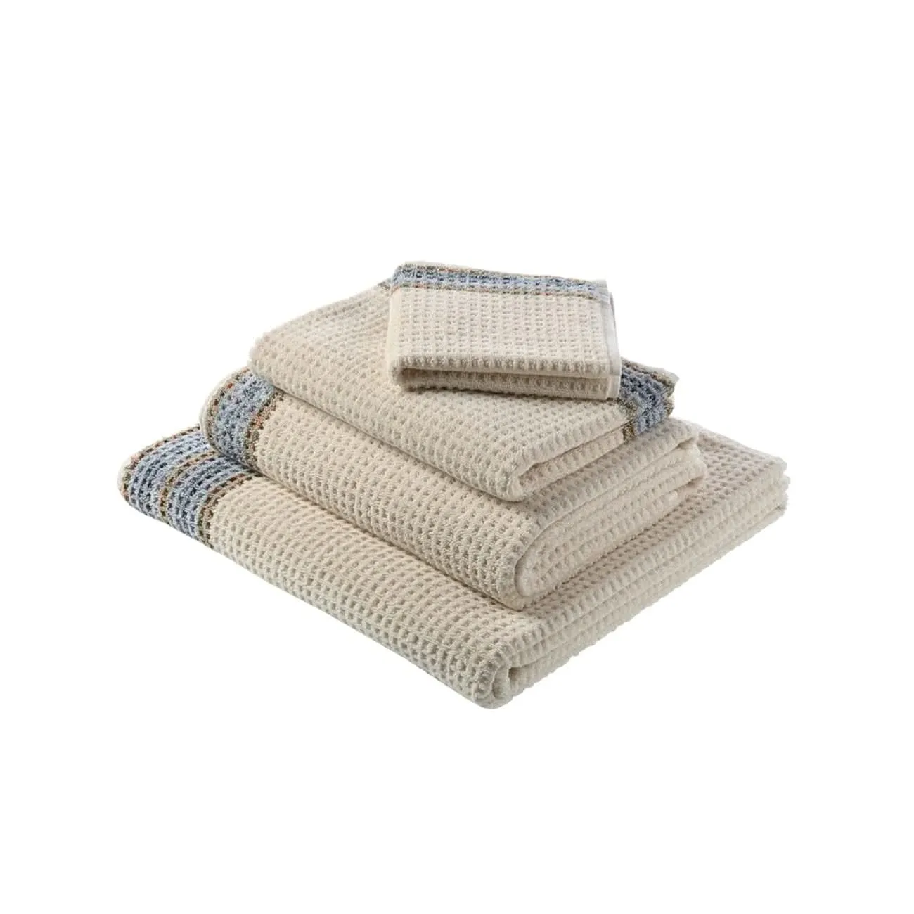 Waffle Linen & Hemp Natural w/ blue, orange, green, lavender melange border