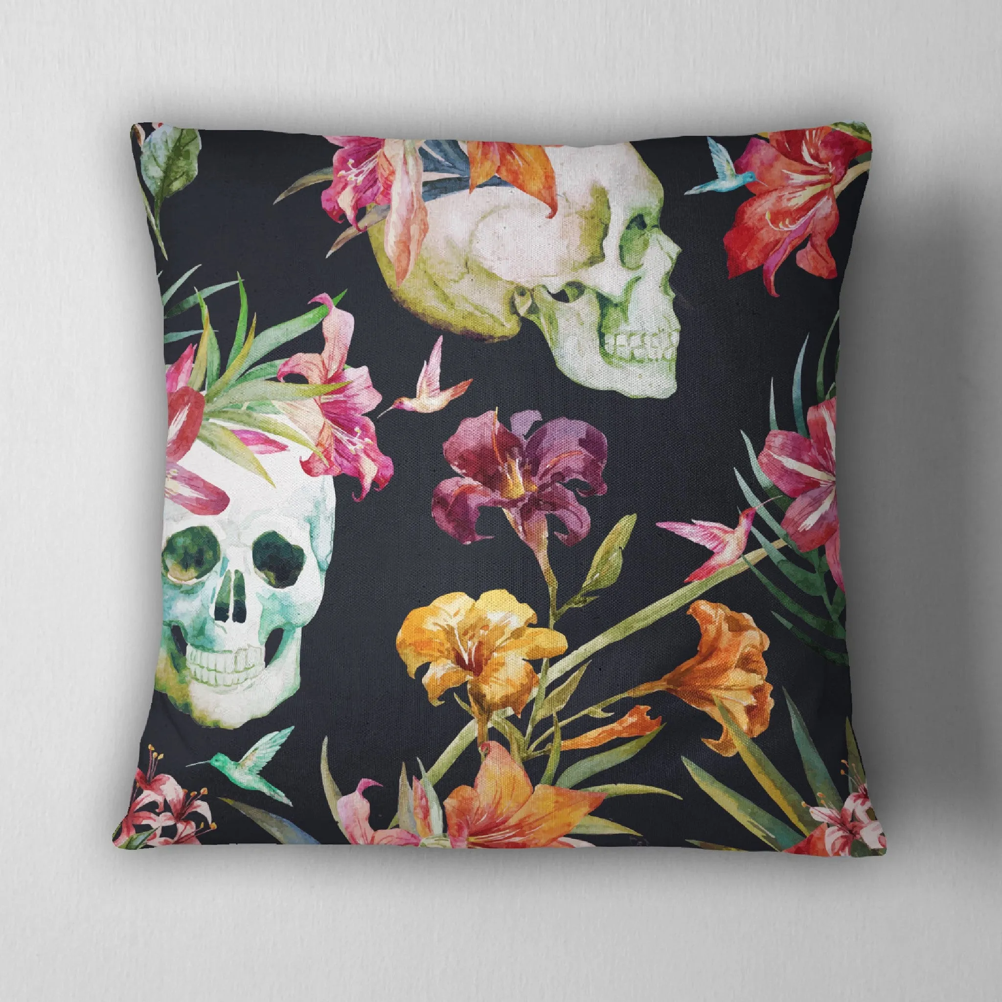 Watercolor Tropical Skull Floral Throw Pillow