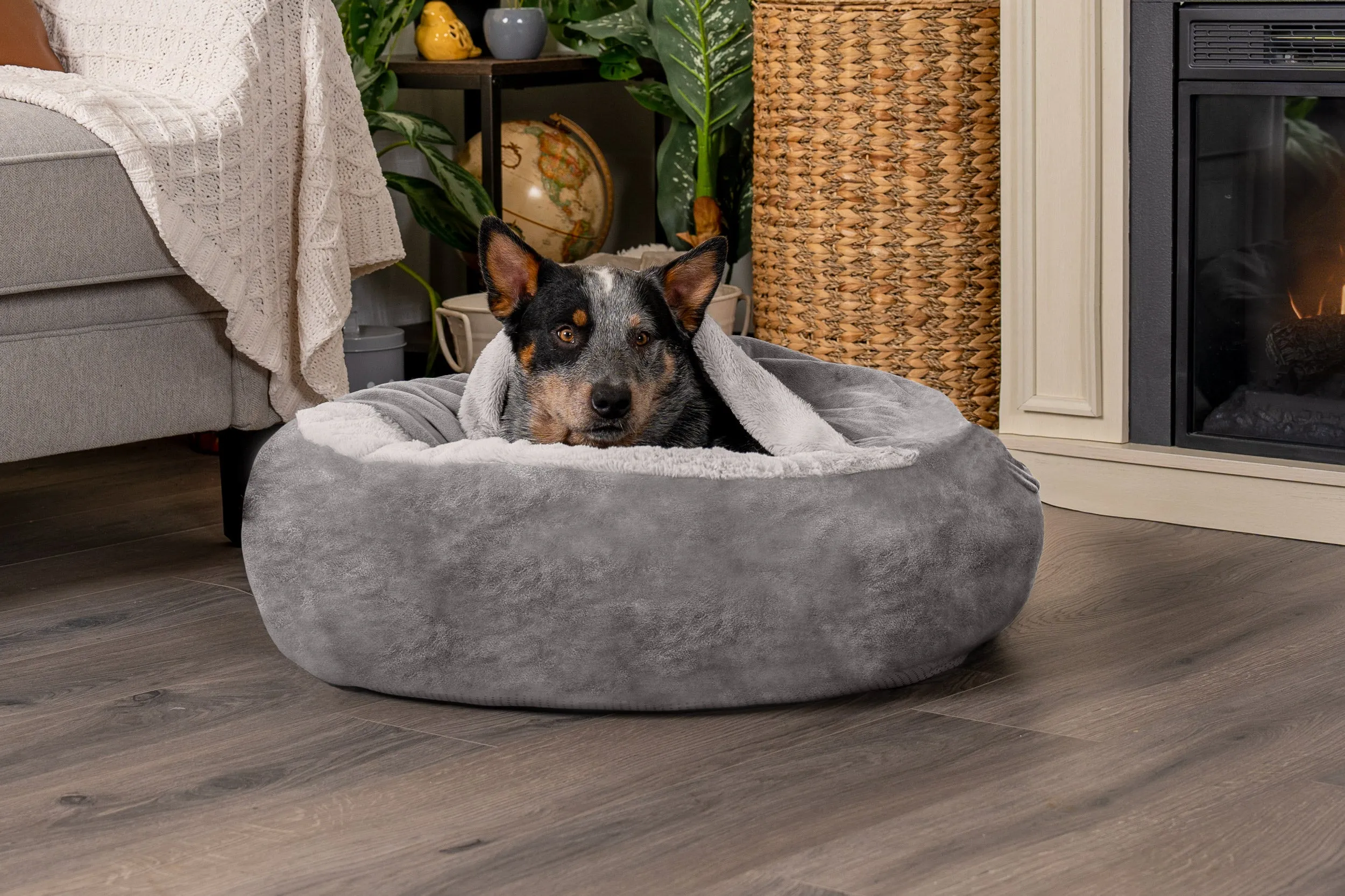 Wave Faux Fur & Velvet Hooded Donut Dog Bed